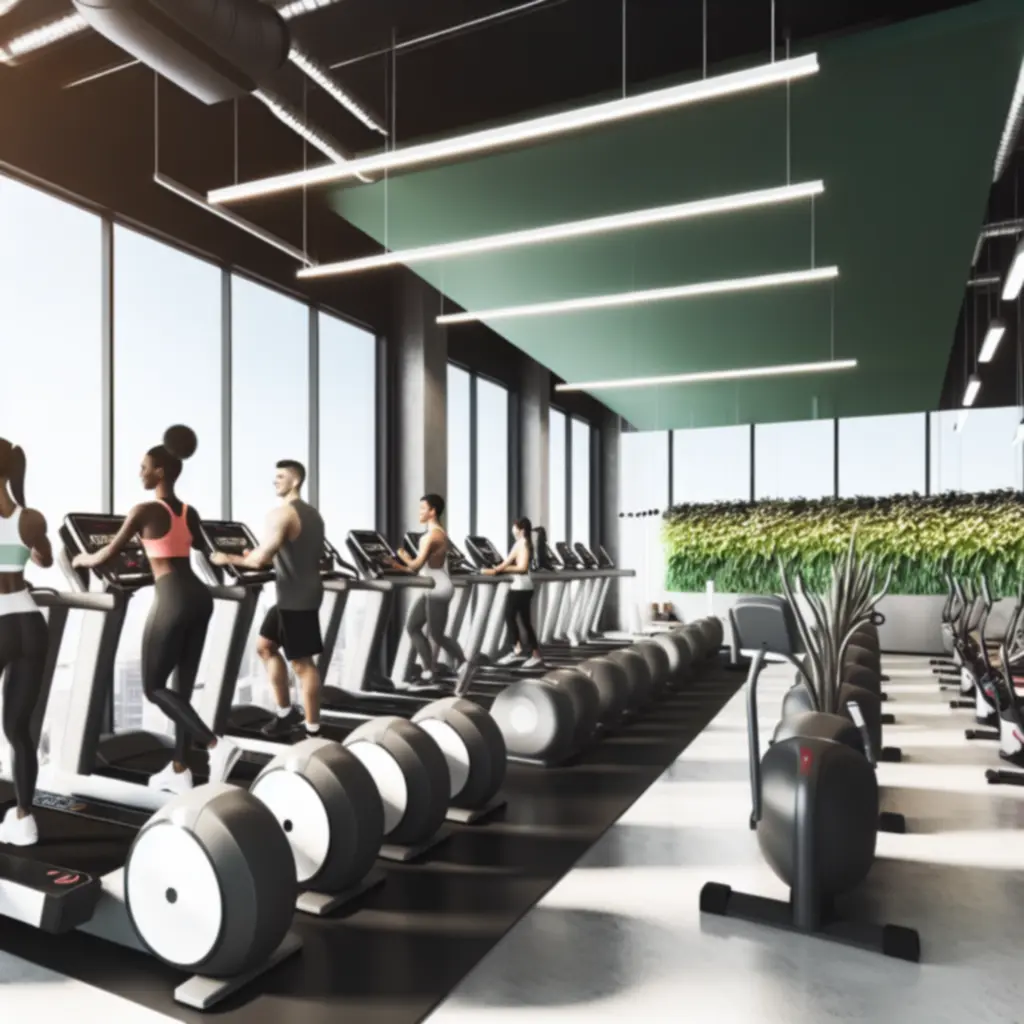 Kardió stúdió futópadokkal, elliptikus trénerekkel és kerékpárokkal, nagy ablakokkal.