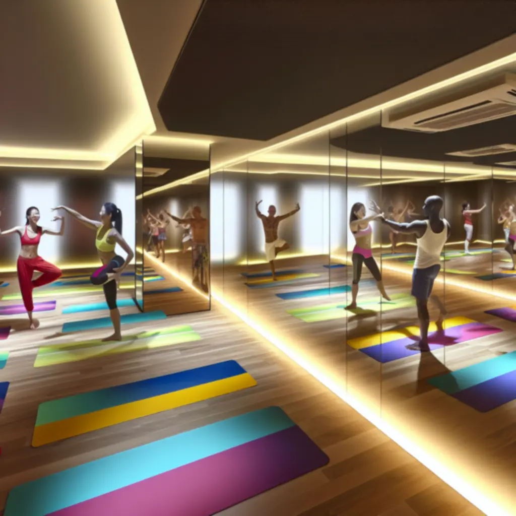 Csoportos órákra kialakított, világos, modern terem a Hun Fitness-ben.