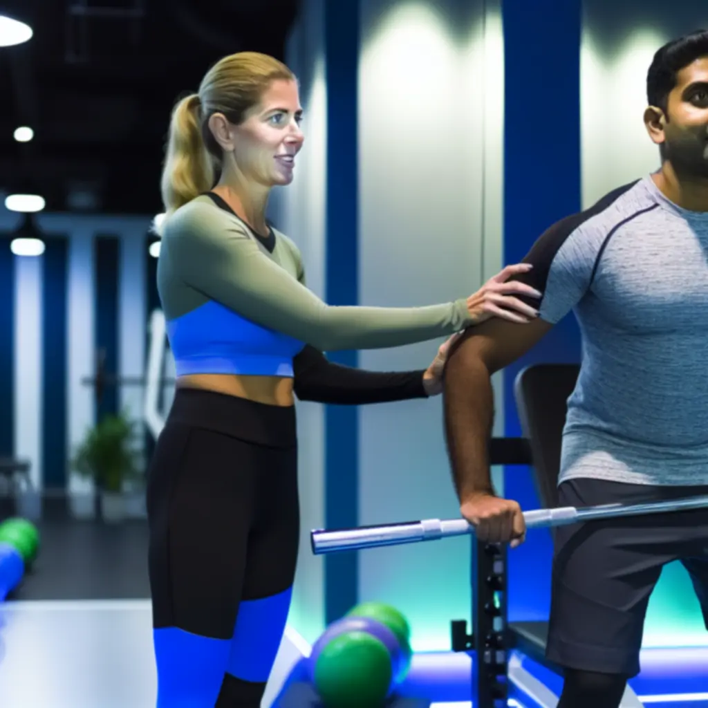 Személyi edző segíti vendégét a gyakorlat végrehajtásában a Hun Fitness-ben